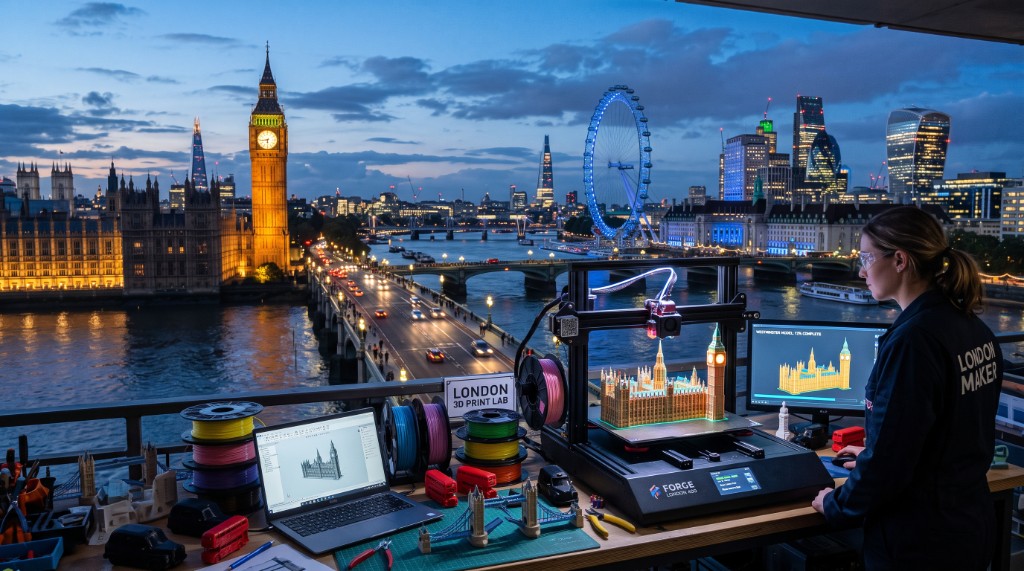 London maker 3D printing a Westminster model with the London skyline at dusk