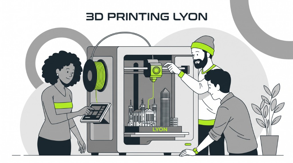 Lyon makers 3D printing a Fourvière and Part-Dieu skyline model