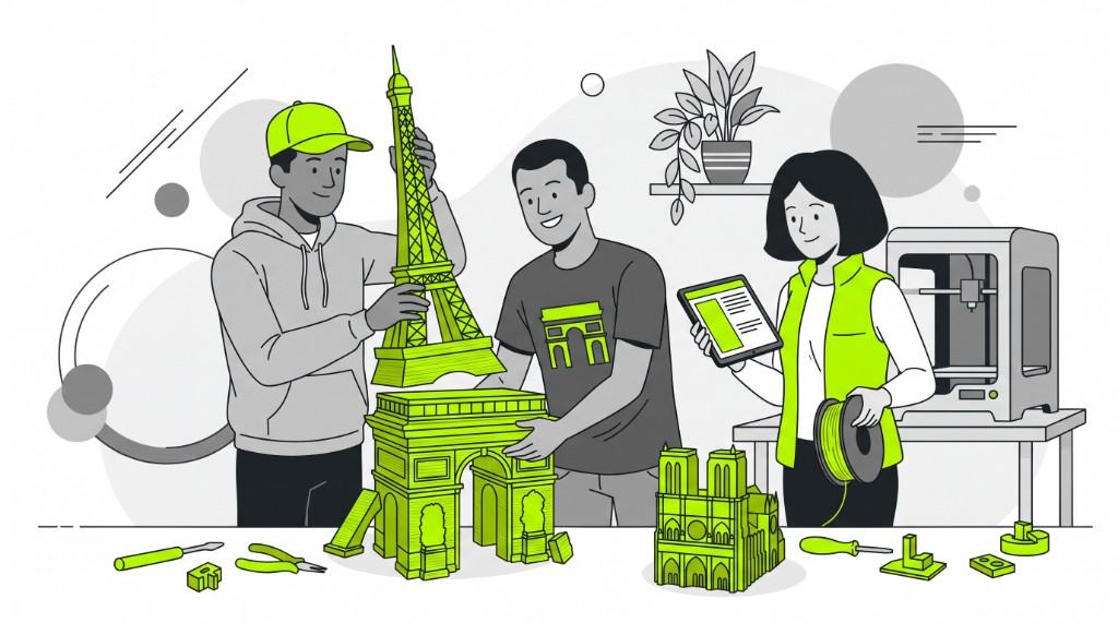 Colleagues in Paris assembling 3D-printed landmarks at a workshop table with a desktop printer