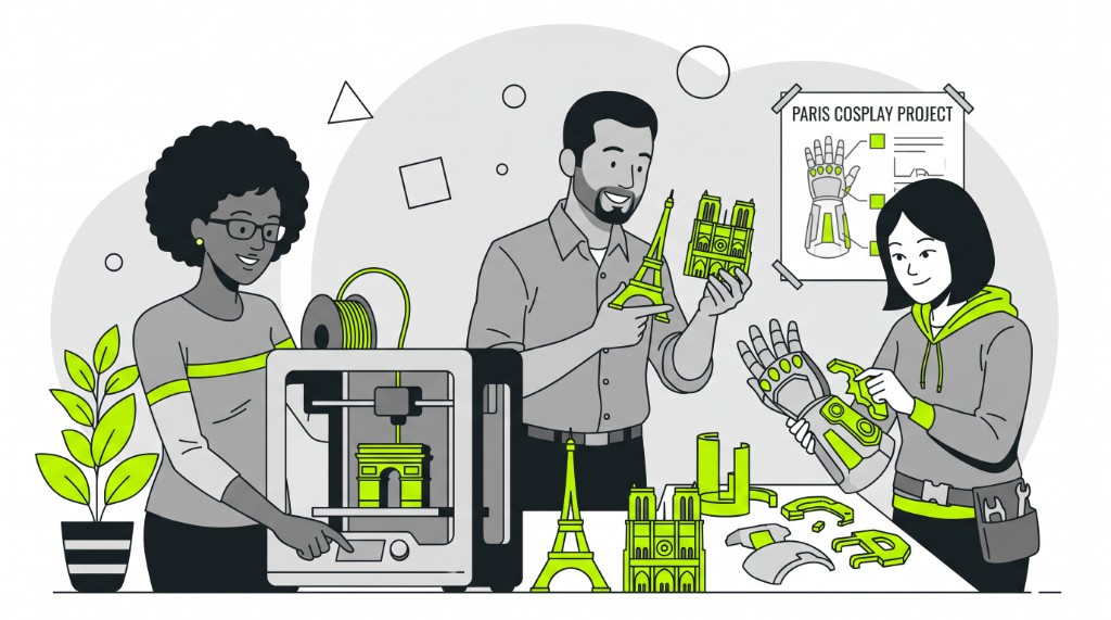 Paris makers assembling a 3D-printed cosplay gauntlet next to a printer producing city landmarks