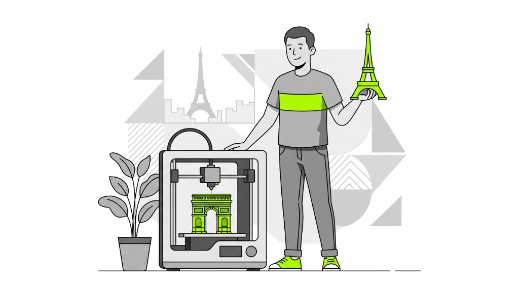 Maker holding a 3D-printed Eiffel Tower next to a printer finishing the Arc de Triomphe