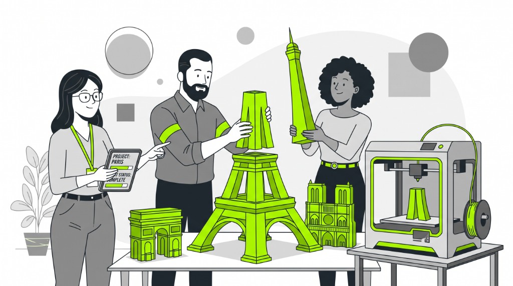 Paris makers assembling a 3D-printed Eiffel Tower prototype next to a desktop printer