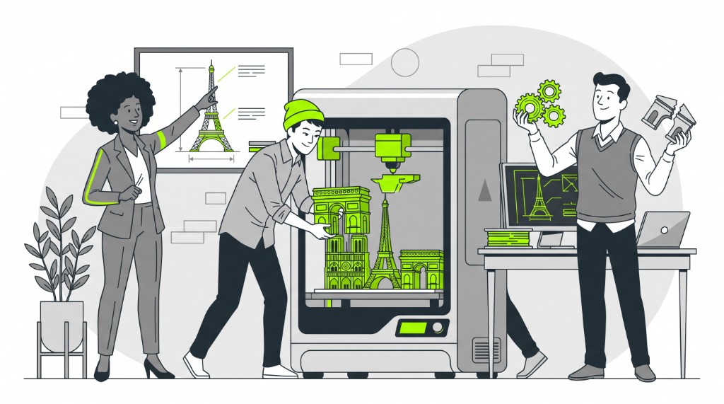 Paris makers printing replacement gears and a broken Arc de Triomphe next to a 3D printer